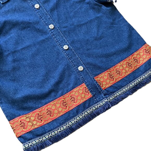 HL Design Fringed Denim Chambray Shirt Ribbon Trim Short Sleeves Vintage 90s - Picture 2 of 8
